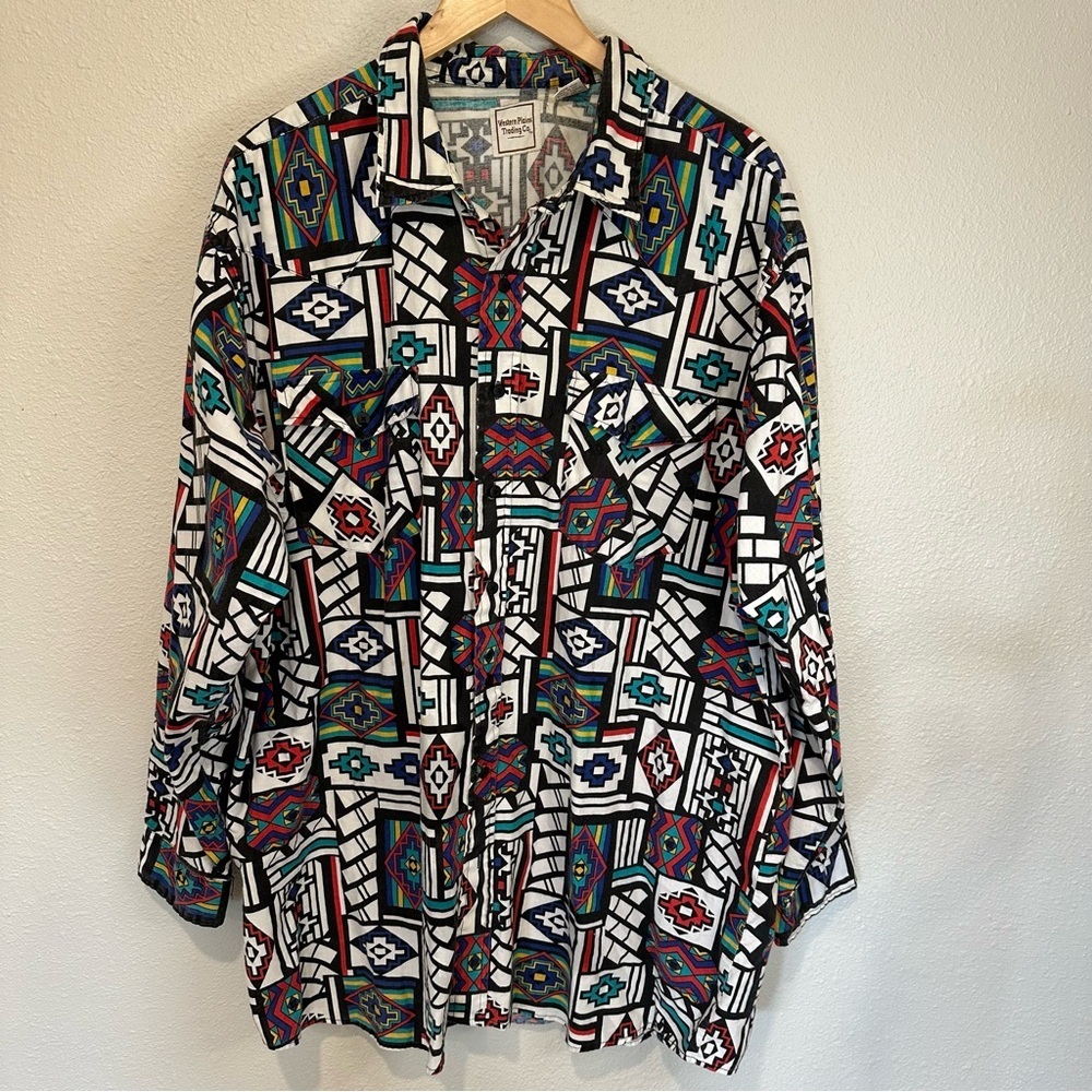 Western Plains Trading Co. Sothwestern Colorful Geometric Button-Up Shirt